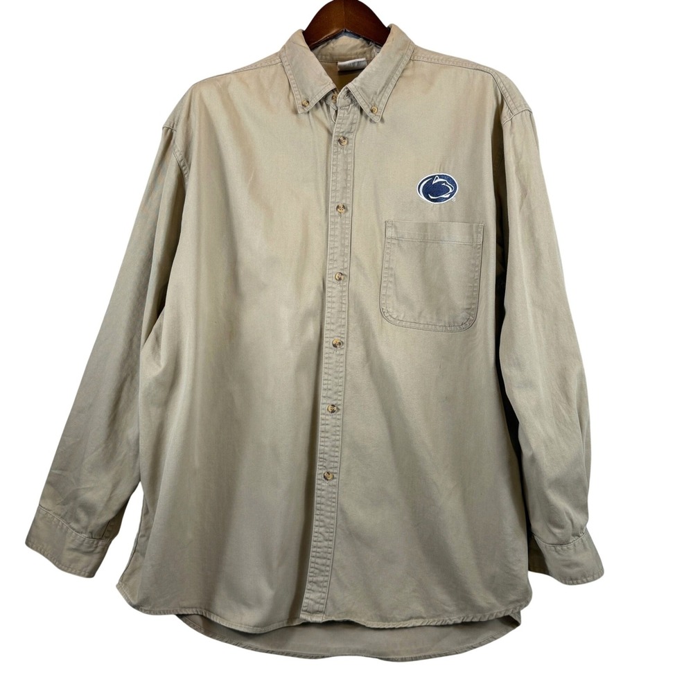 VINTAGE Penn State Nittany Lions Mens XL Khaki Button Down Shirt Embroidered PSU